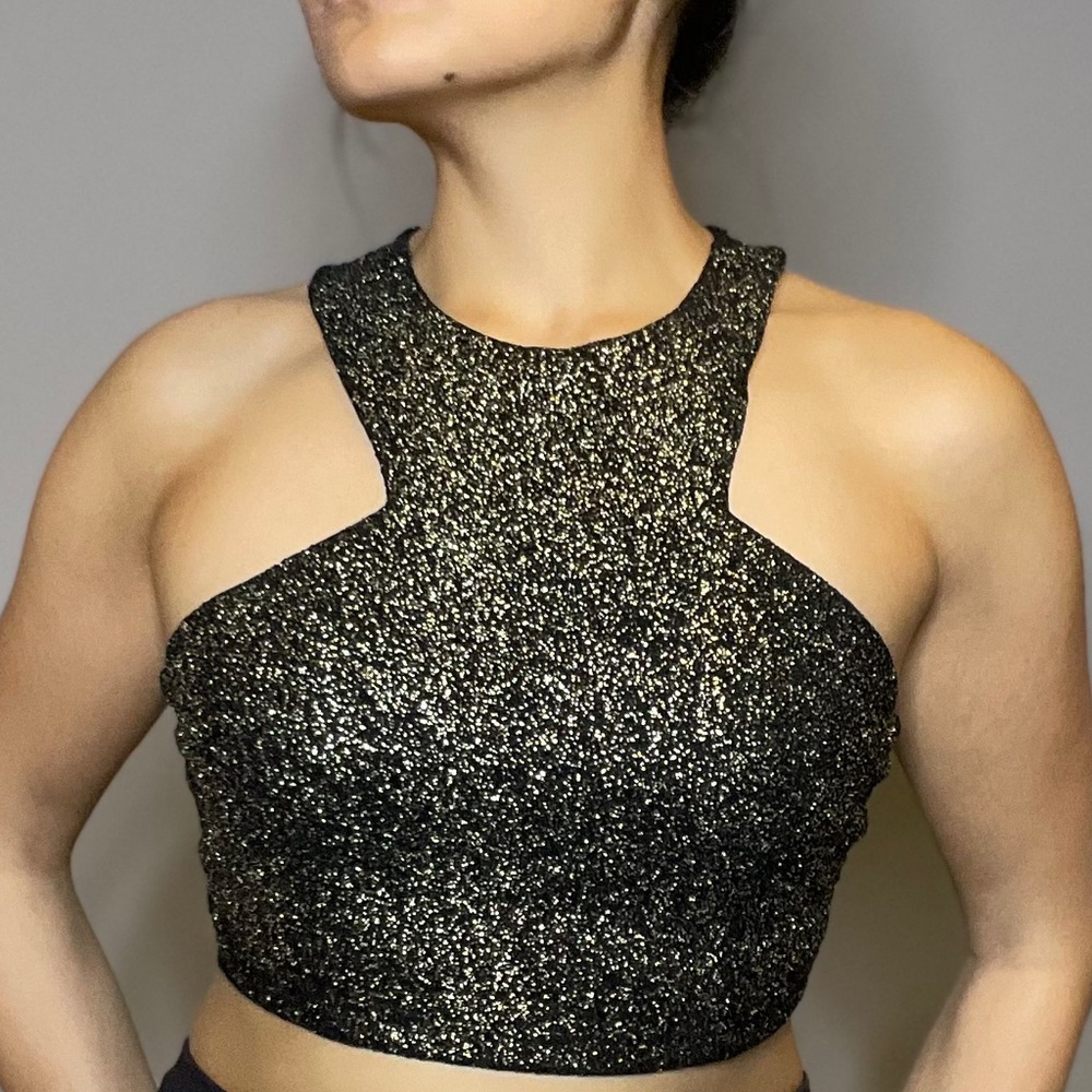 *SOLD* Classy Black & Gold Shimmer Halter Crop Top